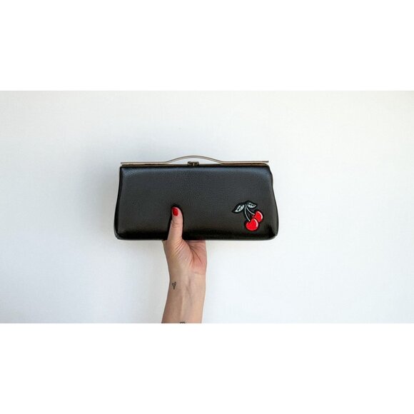 embellished vintage black leather clutch handbag reworked OOAK cherries patch Va - Picture 3 of 7